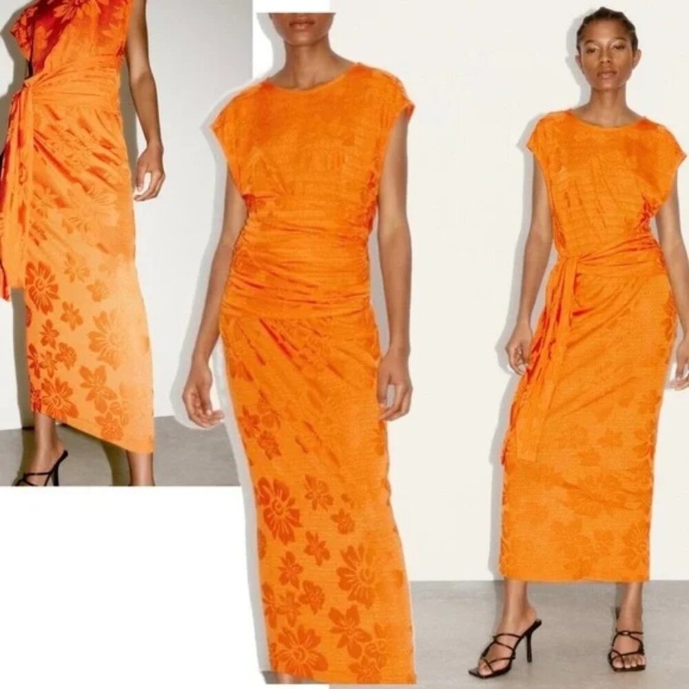 Zara orange jacquard tie front short sleeve long maxi dress Sz Small